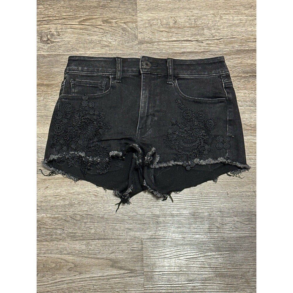 American Eagle Hi‎ Rise Shortie Denim Shorts Womens Size 6 Black Crochet lace